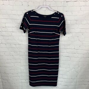 Talbots Short Sleeve Tee Shirt Dress Red White Blue Stripe Below Knee XS